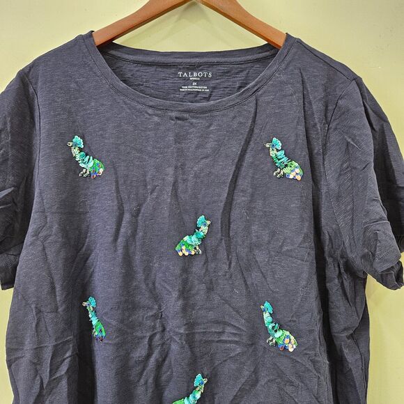 Talbots Women Sequin Peacock T-Shirt Plus Size 2x Blue Crew Neck Cotton Basic - Picture 2 of 8